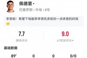 指挥官！佩德里数据：4次关键传球，130次触球，传球成功率95.5%